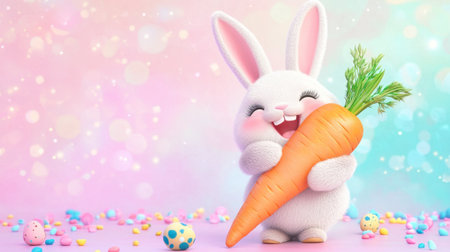 A cheerful cartoon bunny with fluffy fur joyfully holds a vibrant carrot amidst colorful Easter eggs, creating a playful springtime scene perfect for seasonal projects.の素材