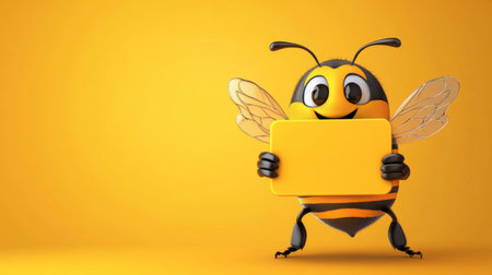 This cheerful cartoon bee character holds a blank sign against a bright yellow background. Perfect for creative projects, promotions, and joyful messages.の素材