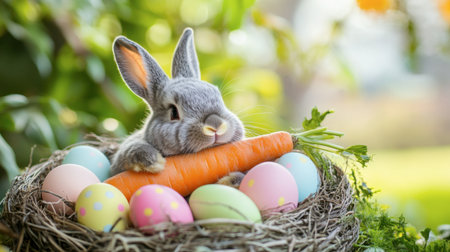 A charming gray bunny rests with a carrot among pastel-colored Easter eggs in a nest, capturing the essence of spring and festive joy. Perfect for seasonal themes!の素材