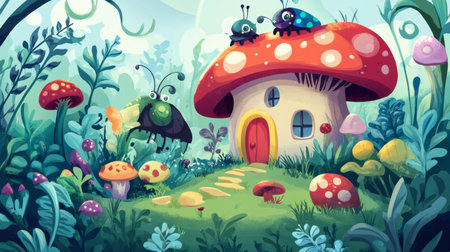Explore a whimsical scene featuring a charming mushroom house with colorful insects and vibrant flora, perfect for children's stories and decorative art.の素材