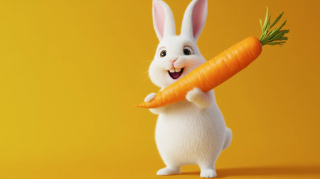 A charming cartoon rabbit smiling widely while holding a bright orange carrot against a vivid yellow background, perfect for playful designs and childrenの素材