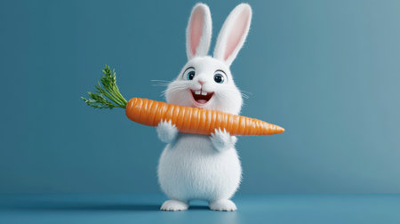 An adorable cartoon rabbit joyfully holds a large orange carrot, showcasing its fluffy features and cheerful expression in a colorful setting.の素材