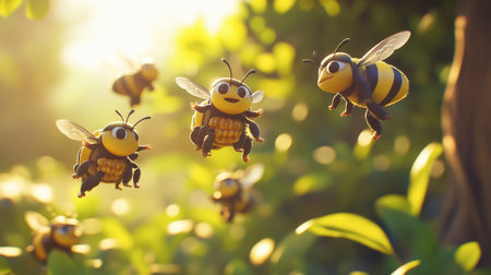 A whimsical scene featuring adorable cartoon bees flying joyfully among vibrant green leaves under warm sunlight, highlighting the beauty of nature and pollination.の素材