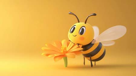 A cheerful cartoon bee enjoys a bright orange flower against a vibrant yellow backdrop. This playful scene captures the joy of nature and pollination.の素材