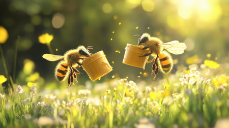 Two bees gather honey from small yellow containers amid a bright meadow filled with flowers, showcasing nature's beauty and the importance of pollinators in a sunny environment.の素材