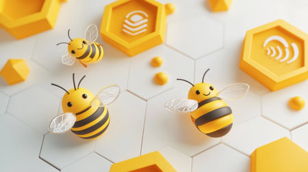 This vibrant illustration features cute cartoon bees in a playful setup on a white background. Yellow hexagons add a cheerful touch, capturing the essence of nature's pollinators.の素材