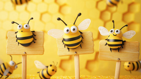 This delightful image features cute cartoon bees with wooden signs against a vibrant yellow honeycomb background, perfect for creative and playful projects.の素材