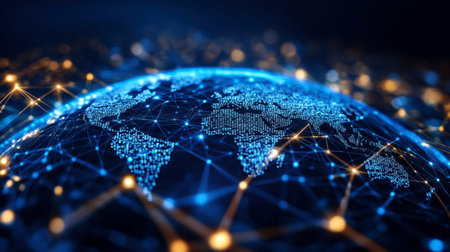 A stunning visualization of a global network, featuring luminous connections and a detailed map. Ideal for technology, data, and communication themes.の素材