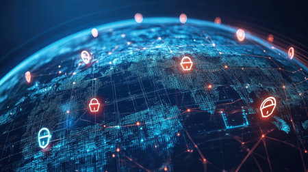 A stunning visualization of global data security showcasing a network of locks and connections over a digital globe, emphasizing technology and protection.の素材