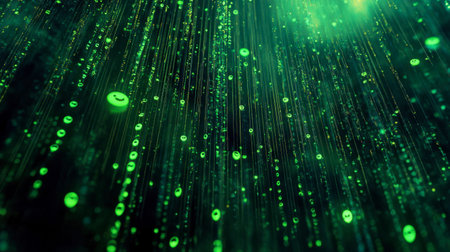 A mesmerizing abstract image showcasing green digital rain filled with smiley face symbols, creating a playful and vibrant atmosphere. Perfect for tech-themed projects.の素材