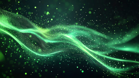 This abstract image showcases flowing green waves illuminated by sparkly particles, creating a mesmerizing and serene atmosphere ideal for design projects.の素材