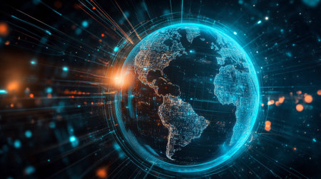 Vibrant digital illustration of Earth showcasing luminous particles and glowing lines, symbolizing technology and connectivity in a modern landscape.の素材