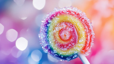 A colorful swirled lollipop with sparkling sugar stands out against a vibrant background, evoking feelings of joy and nostalgia. Perfect for any sweet-themed project.の素材