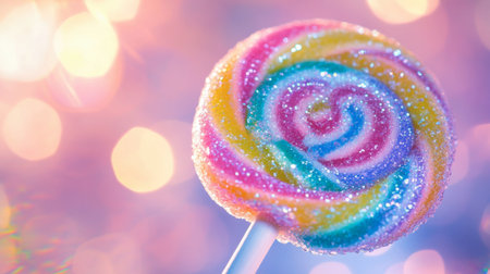 A vibrant lollipop features a spiraled pattern with sparkling sugar coating, evoking feelings of nostalgia, joy, and celebration. Perfect for conveying sweetness.の素材
