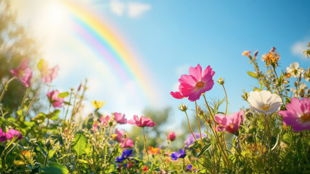 A breathtaking view of a vibrant flower field beneath a bright sky, showcasing assorted blossoms and a colorful rainbow in the background. Perfect for nature lovers.の素材