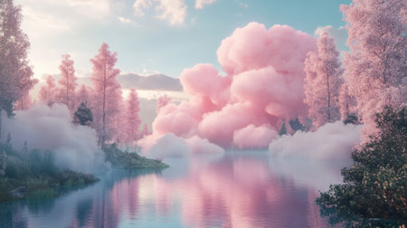 Experience the calm beauty of a tranquil lake surrounded by pink clouds and lush trees, creating a serene and picturesque landscape in pastel colors.の素材