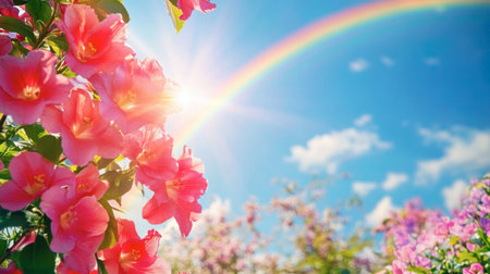 A stunning display of pink flowers under a bright blue sky, accented by a vibrant rainbow. The scene captures the essence of spring and serenity.の素材