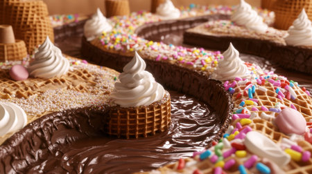 A captivating close-up of a delicious chocolate dessert with waffle and cream, beautifully arranged with vibrant sprinkles, perfect for tempting any sweet tooth.の素材