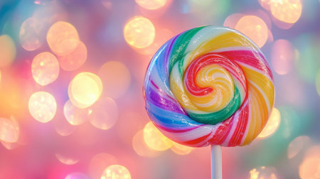 A vibrant spiral lollipop sits against a dreamy bokeh background, evoking feelings of nostalgia and joy. Perfect for sweet-themed designs or celebrations.の素材