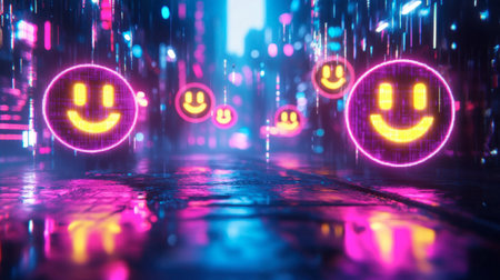 A vibrant urban street scene featuring neon smiley faces glowing amidst rain. The reflection on the wet pavement creates a cheerful atmosphere, perfect for visual storytelling.の素材