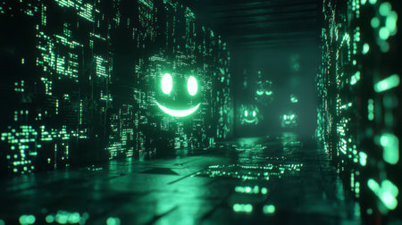 Explore a mesmerizing digital corridor filled with glowing neon smiles. This vibrant scene captures the essence of technology and emotion, creating a unique atmosphere.の素材