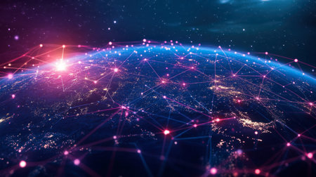 This stunning image portrays a vibrant digital network connecting the Earth, showcasing a cosmic view filled with colorful lights and intricate patterns.の素材