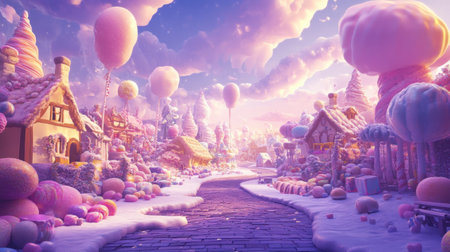 Explore a whimsical candyland filled with vibrant colors, fluffy cotton candy trees, and sweet treats, evoking a sense of wonder and imagination.の素材