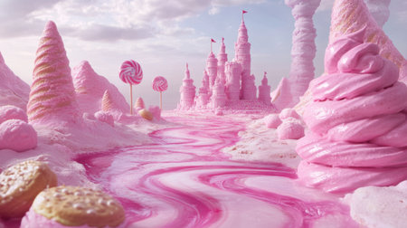 A whimsical landscape featuring towering pink mountains, a dreamy candy castle, and a flowing syrup river, creating a fantastical world of sweet delights.の素材