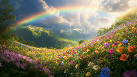A breathtaking wildflower meadow bursts with color beneath a vibrant rainbow arching over majestic mountains, creating a serene and picturesque landscape.の素材