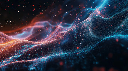 This mesmerizing abstract image illustrates colorful wave patterns interspersed with glowing particles, creating a dynamic and ethereal atmosphere.の素材