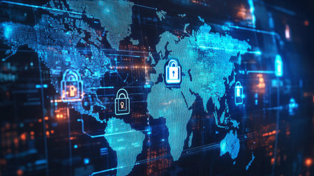 A digital illustration representing global network security, showcasing a world map overlaid with locks and technological elements. Emphasizes protection in cyberspace.の素材