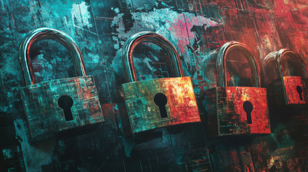 This vibrant image features colorful padlocks against a digital background, symbolizing security and protection in a modern technological landscape.の素材