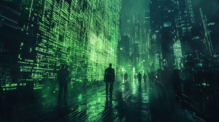 This captivating image features silhouettes of people in a futuristic city enveloped in green digital rain. The atmosphere blends technology and urban life, creating a surreal experience.の素材