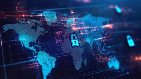 A visually striking digital representation of a world map featuring lock icons, symbolizing global cybersecurity and data protection in the modern era.の素材