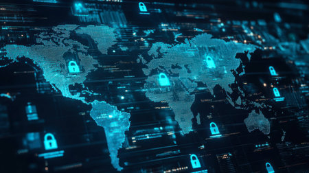 This image illustrates a global map with digital locks, representing cybersecurity and data protection in the modern digital landscape. It offers a futuristic perspective on global internet security.の素材