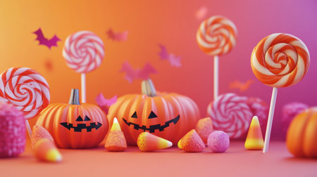 A vibrant Halloween scene featuring cheerful pumpkins, colorful candy, and playful decorations. Perfect for capturing the festive spirit of the season!の素材