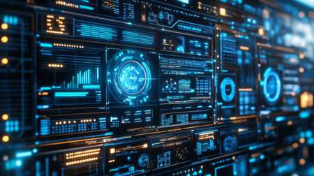 Explore a vibrant and futuristic digital interface filled with glowing elements, data charts, and analytical visuals, perfect for technology-themed projects.の素材