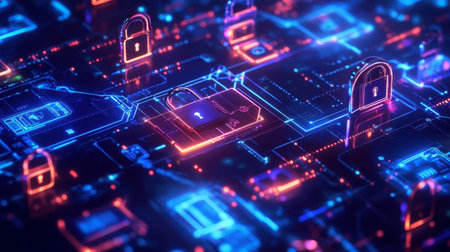 World map hologram with data security, digital padlocks, and protected internet connections.の素材