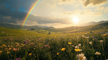 A stunning scene features a vibrant rainbow arching over a flowering meadow, bathed in golden sunlight. The tranquil landscape invites a sense of peace and beauty.の素材