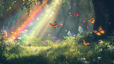 A serene forest scene filled with colorful butterflies dancing amidst blooming flowers and soft rays of sunlight filtering through trees. A rainbow enhances the beauty.の素材