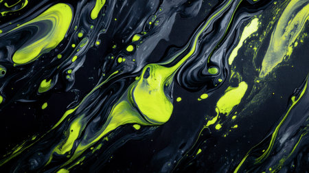 Swirling abstract background with deep black and neon green liquid shapes, enriched by fine canvas details.の素材