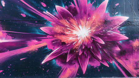 Vibrant urban mural of pink Starburst gushing in zero gravity, surrounded by floating cosmic dust and neon streaks.の素材