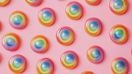 Top view of scattered rainbow lollipops on a pastel pink background, creating a playful composition.の素材