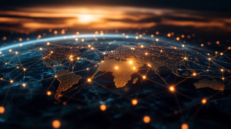 A captivating digital representation of the world showcasing illuminated cities and global connections, emphasizing technology, communication, and modern urban development.の素材
