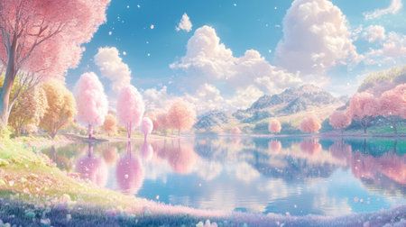 Soft and dreamy landscape featuring a sparkling lake, pastel lollipop fields, and cotton candy tree reflections.の素材