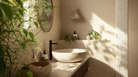 Discover a tranquil bathroom design featuring a natural stone basin, lush greenery, and soft, warm lighting. Perfect for a calming atmosphere.の素材