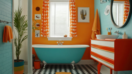 Explore a vibrant bathroom featuring a vintage clawfoot tub, orange and turquoise accents, and a stylish checkered floor that enhances its lively atmosphere.の素材