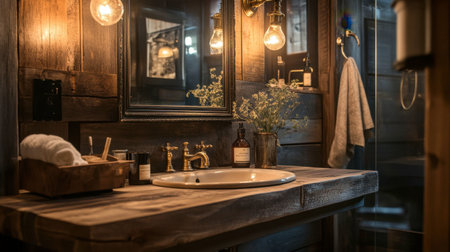 This cozy rustic bathroom features a wooden sink, warm lighting, and stylish dの素材