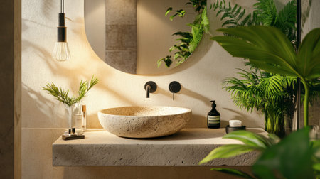 Discover a serene bathroom space featuring a natural stone sink surrounded by lush greenery and stylish fixtures, creating a tranquil and refreshing atmosphere.の素材