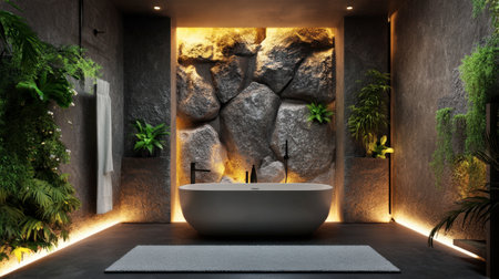 Experience a contemporary bathroom oasis featuring a stunning stone wall, lush greenery, and a sleek tub. Perfect for relaxation and serenity in any home.の素材